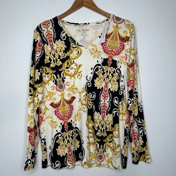 Chicos Scrolled Gold Scarf Tee Size XL 3 V-Neck Long Sleeve - Picture 1 of 12